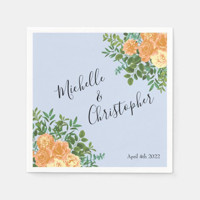 Peach Light Blue Wedding Roses Floral Napkins (Front)