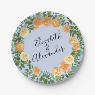 Peach Light Blue Wedding Roses Floral Paper Plates