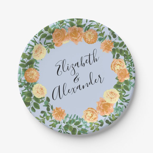 Peach Light Blue Wedding Roses Floral Paper Plates (Front)