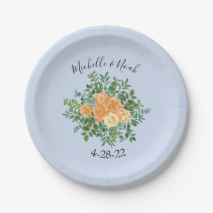 Peach Light Blue Wedding Roses Floral Paper Plates