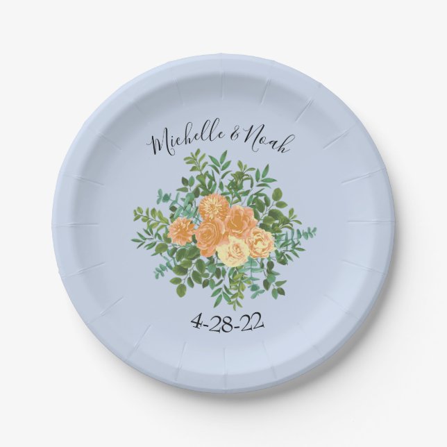 Peach Light Blue Wedding Roses Floral Paper Plates (Front)