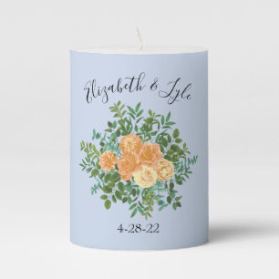Peach Light Blue Wedding Roses Floral Pillar Candle