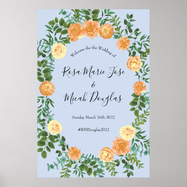 Peach Light Blue Wedding Roses Floral Poster (Front)