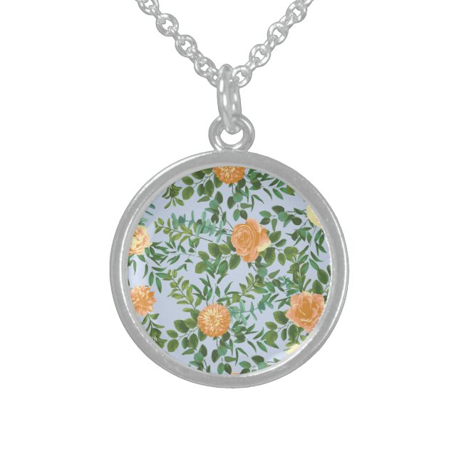 Peach Light Blue Wedding Roses Floral Sterling Silver Necklace (Front)