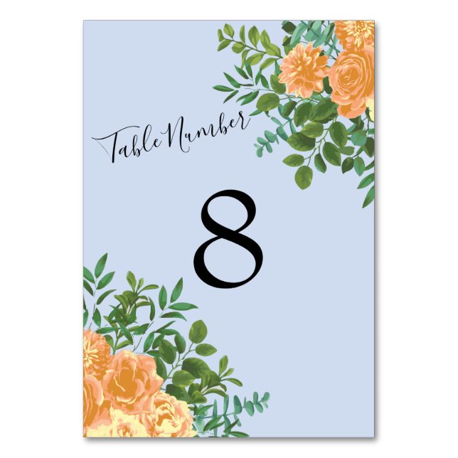Peach Light Blue Wedding Roses Floral Table Number (Back)