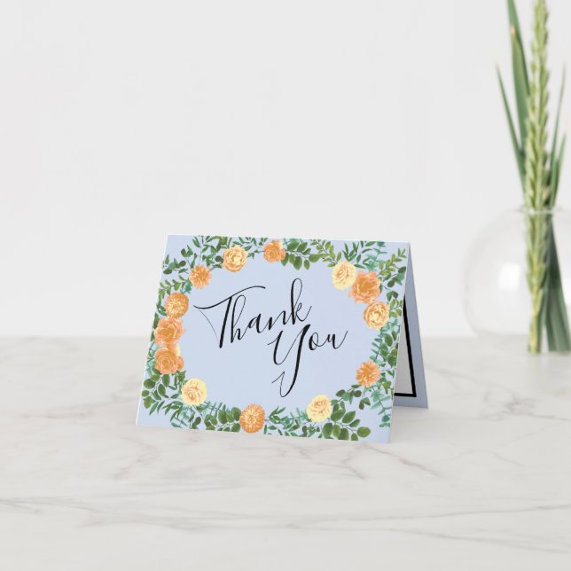 Peach Light Blue Wedding Roses Floral Thank You Card (Front)