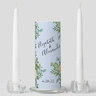 Peach Light Blue Wedding Roses Floral Unity Candle Set