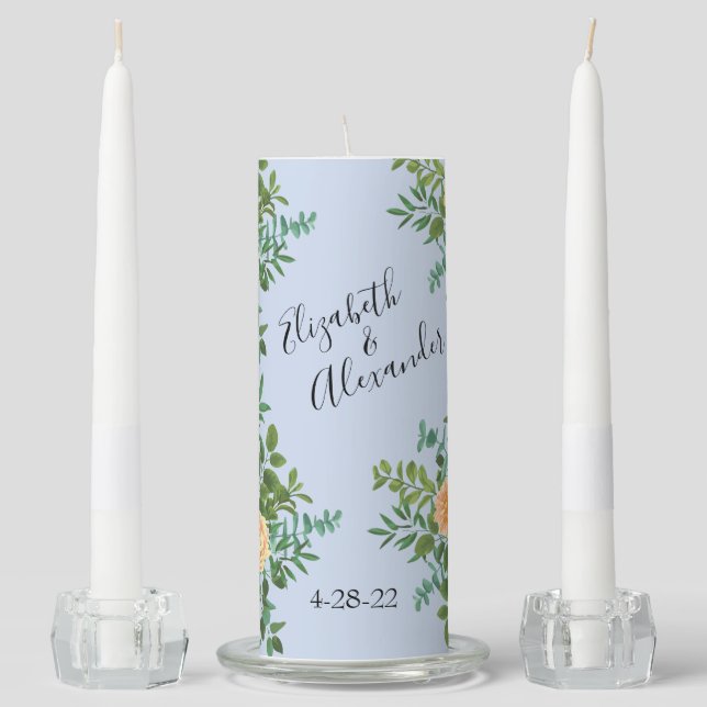Peach Light Blue Wedding Roses Floral Unity Candle Set (Front)