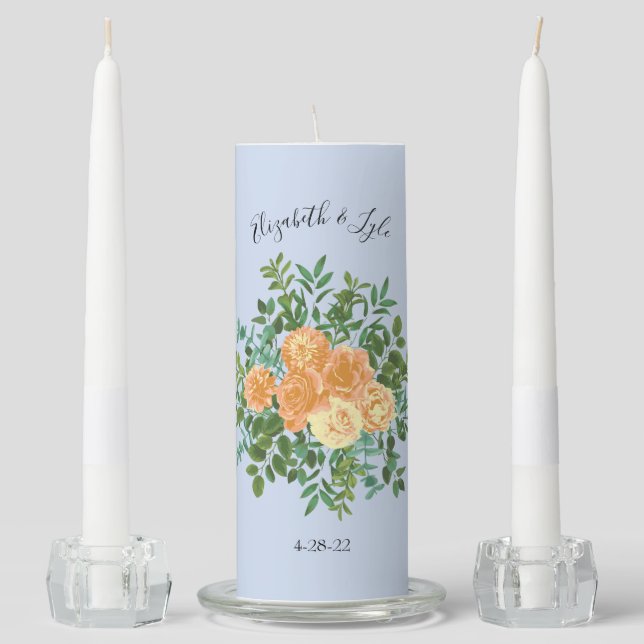 Peach Light Blue Wedding Roses Floral Unity Candle Set (Front)