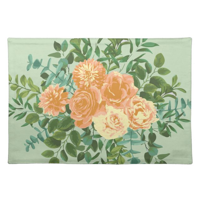 Peach & Light Green Peony & Rose Floral Wedding Cloth Placemat (Front)