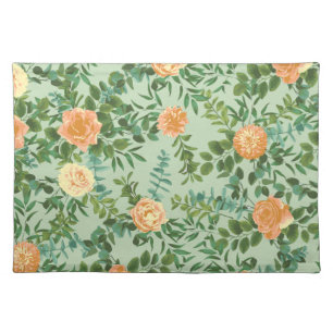 Peach & Light Green Peony & Rose Floral Wedding Cloth Placemat
