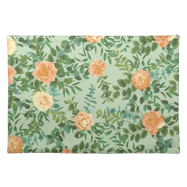 Peach & Light Green Peony & Rose Floral Wedding Cloth Placemat (Front)