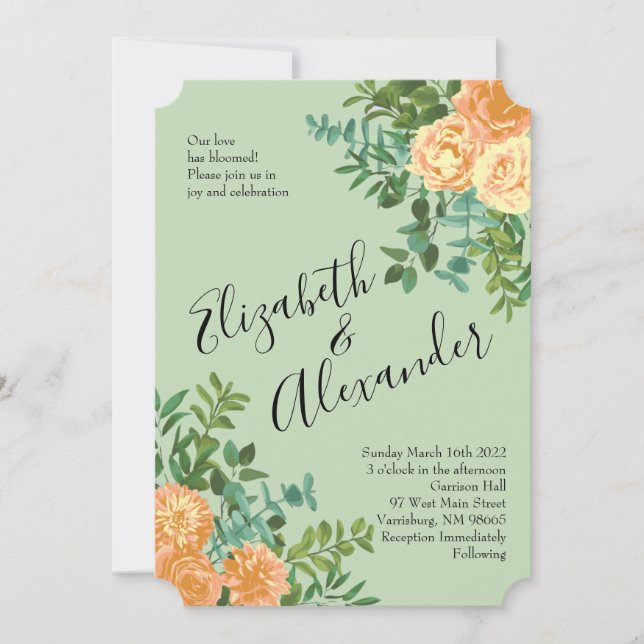 Peach & Light Green Peony & Rose Floral Wedding Invitation (Front)