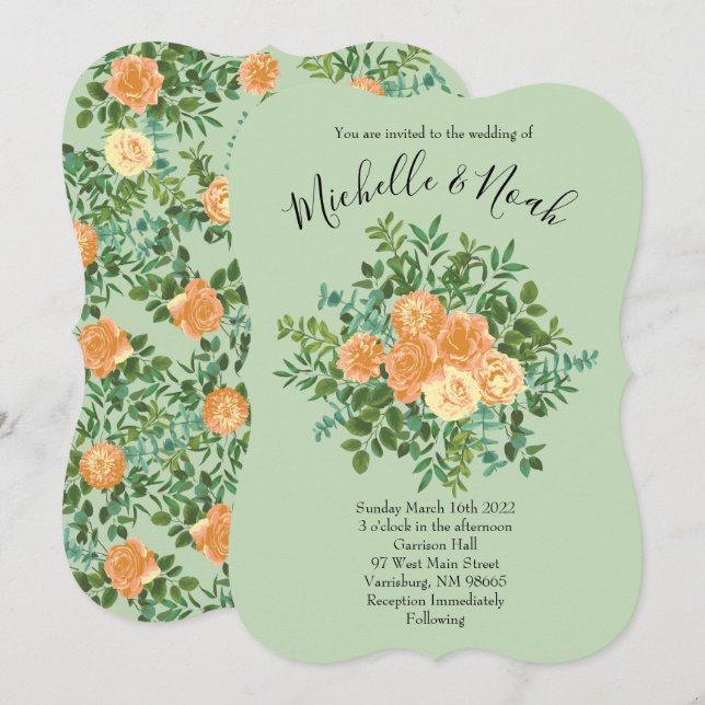 Peach & Light Green Peony & Rose Floral Wedding Invitation (Front/Back)