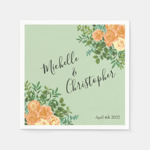 Peach & Light Green Peony & Rose Floral Wedding Napkins
