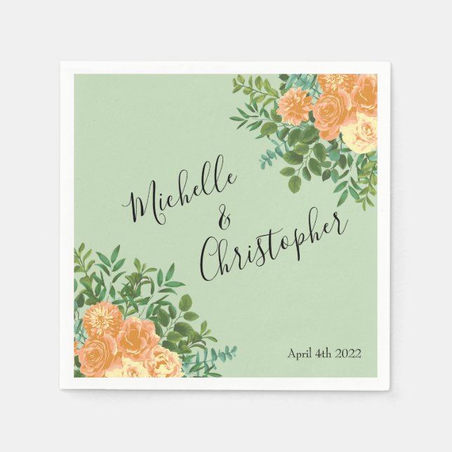 Peach & Light Green Peony & Rose Floral Wedding Napkins (Front)