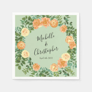 Peach & Light Green Peony & Rose Floral Wedding Napkins