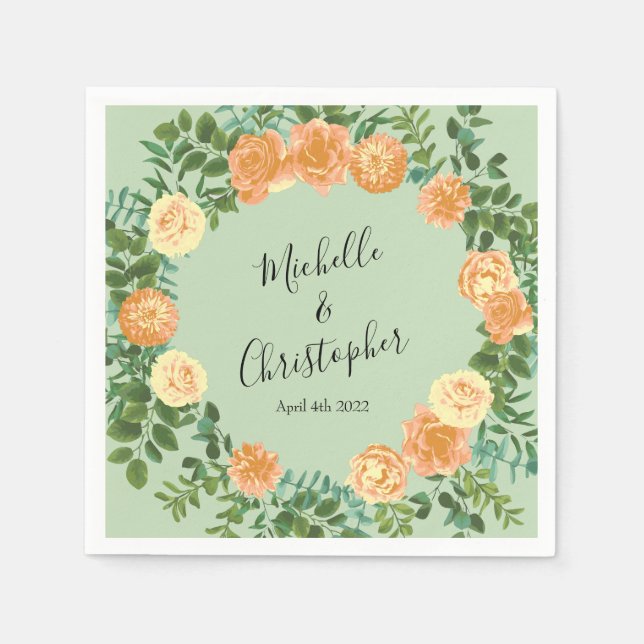 Peach & Light Green Peony & Rose Floral Wedding Napkins (Front)