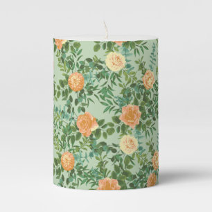 Peach & Light Green Peony & Rose Floral Wedding Pillar Candle