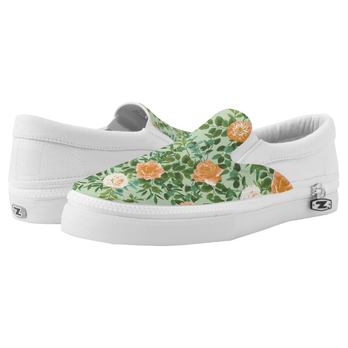 Peach & Light Green Peony & Rose Floral Wedding Slip-On Sneakers ...