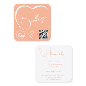 Peach Light Orange Heart Calligraphy Logo QR Code Square Business Card