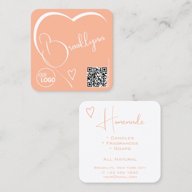 Peach Light Orange Heart Calligraphy Logo QR Code Square Business Card (Front/Back)