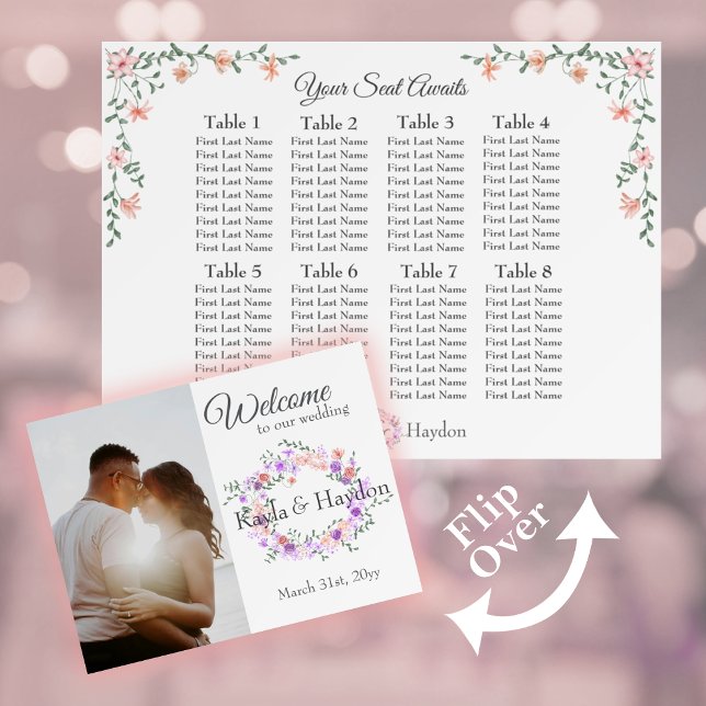 Peach, Lilac 8-Table Seating Chart & Welcome Sign (flip over double sided reversible peach lilac purple wedding reception seating chart sign welcome)
