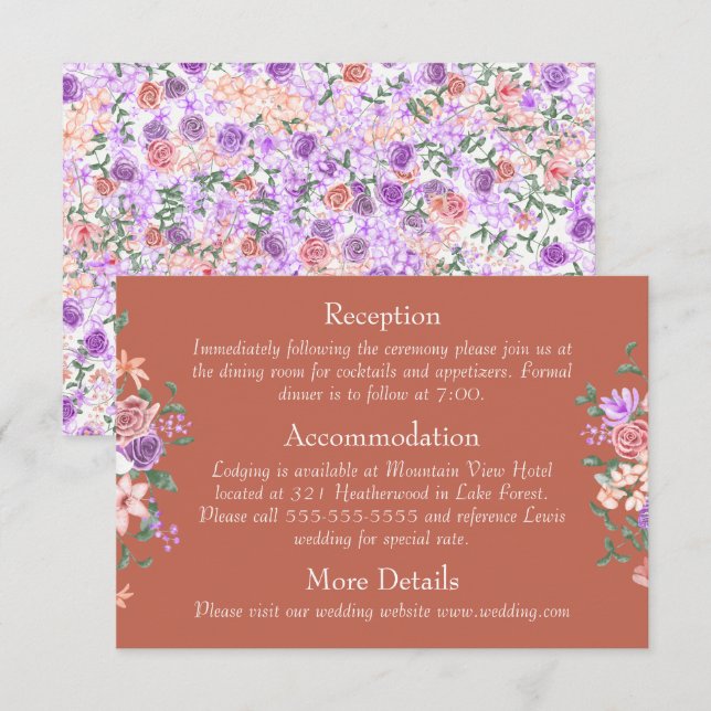 Peach, Lilac & Clay Rose Bouquet Wedding Details Enclosure Card (Front/Back)
