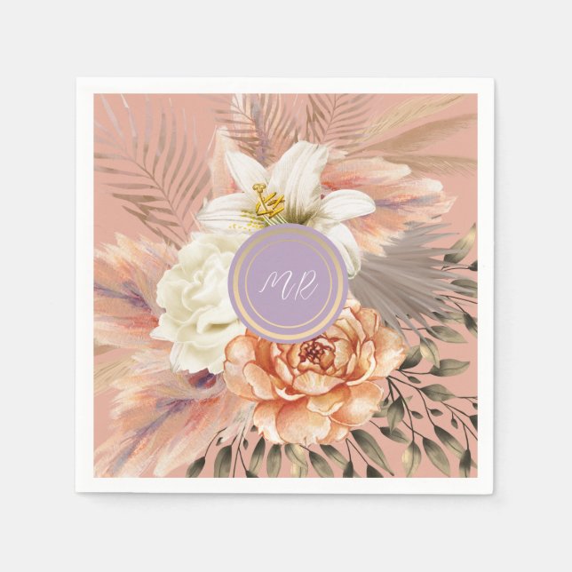 Peach Lilac Floral Wedding Napkins (Front)