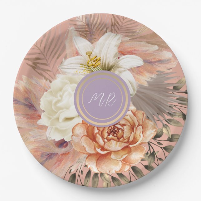 Peach Lilac Floral Wedding Paper Plates (Front)