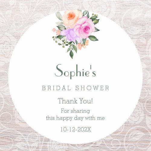 Peach Lilac Pink Roses Bridal Shower Thank You   Classic Round Sticker