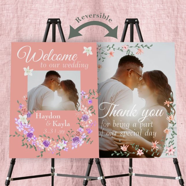 Peach, Lilac Wedding Welcome, Thank You Reversible Foam Board (Lilac and peach welcome sign reversible thank you sign, wedding hello, goodbye double sided sign)