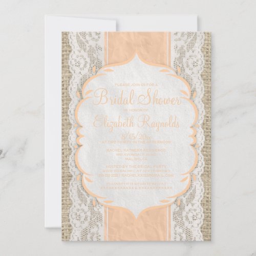 Peach Linen Burlap Lace Bridal Shower Invitations