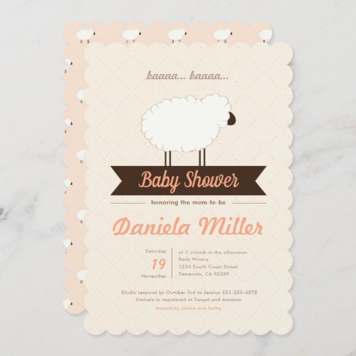 Peach Little Lamb Baby Shower Invitation