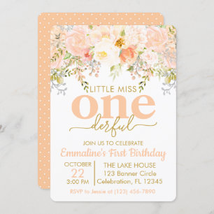 Peach Little Miss ONEderful Girl First Birthday Invitation