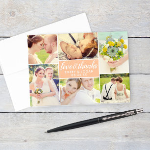Peach Love and Thanks 6 Photo Collage Wedding Thank You Card