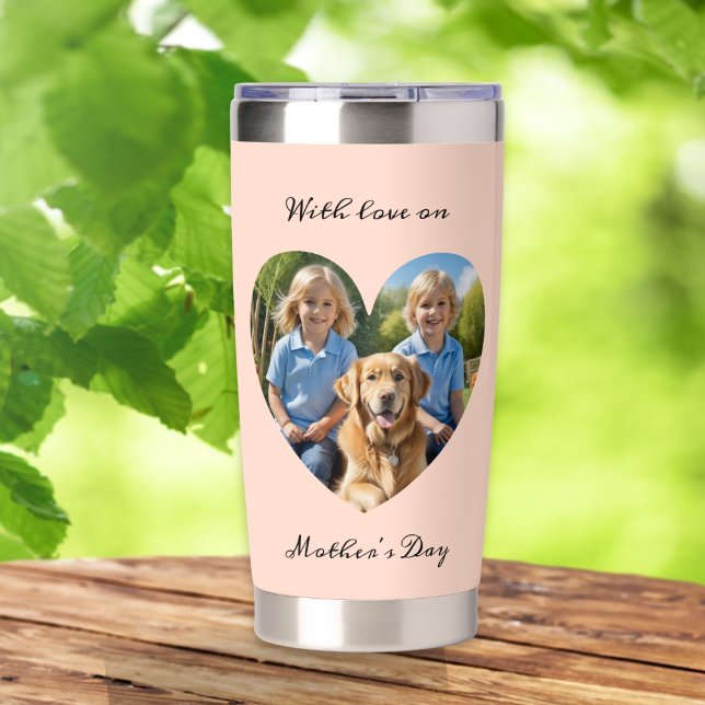 Peach Love Heart Custom Photo Mother's Day Insulated Tumbler (A peach thermal tumbler with custom photo within a heart shape, and your own message on the back)