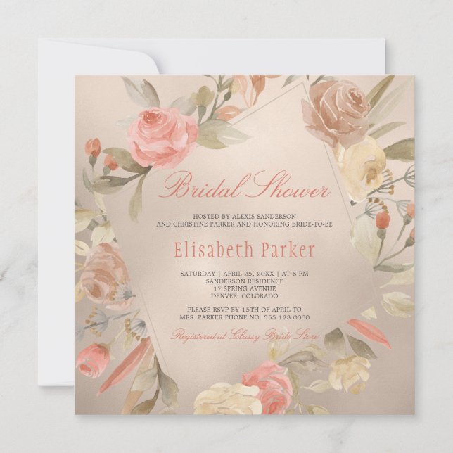 Peach Luxury Faux Gold Foil Floral Bridal Shower Invitation (Front)