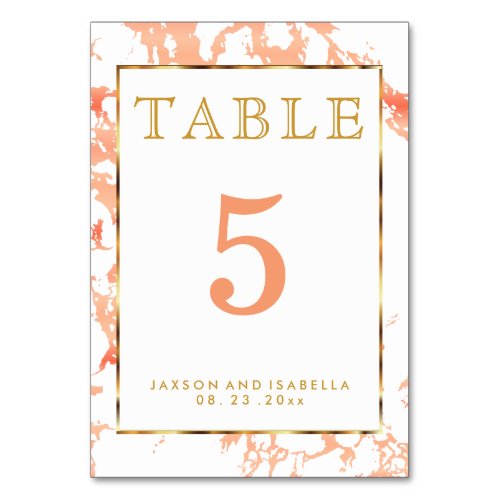 Peach Marble Gold and White Table Number