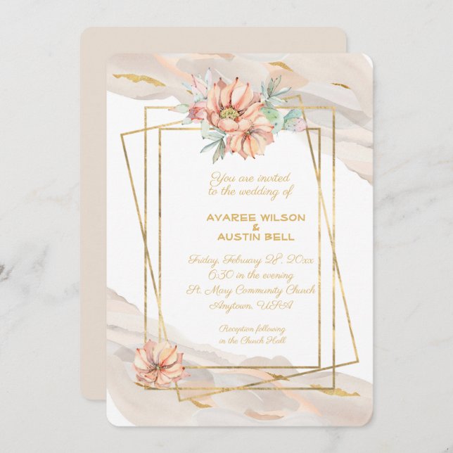 Peach Marble With Gold Sparkles and Peach Cactus Invitation (Front/Back)