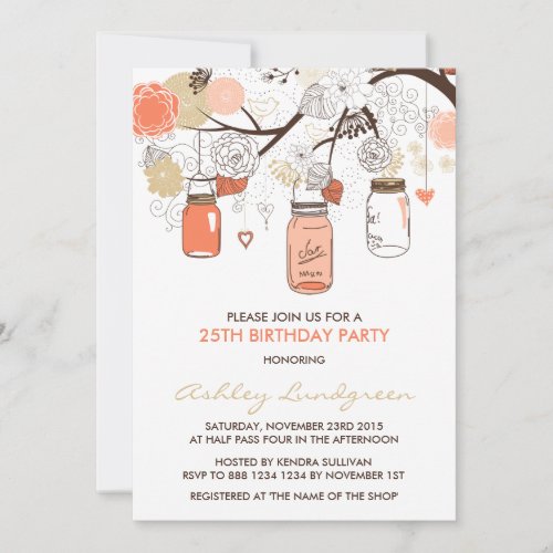 Peach Mason Jars Floral Birthday Party Invitation