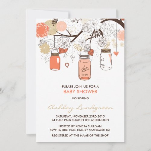 Peach Mason Jars Spring Baby Shower Invitation