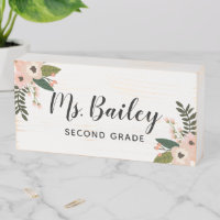 Peach Meadow | Floral Teacher Name Classroom Wooden Box Sign