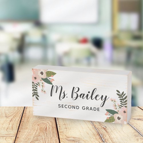 Peach Meadow  Floral Teacher Name Classroom Wooden Box Sign