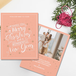 Peach Merry Christmas New Year Photo Holiday Card