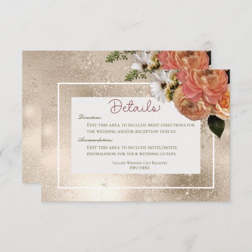 Peach Mimosa Blooms Floral Gold Details Wedding Enclosure Card