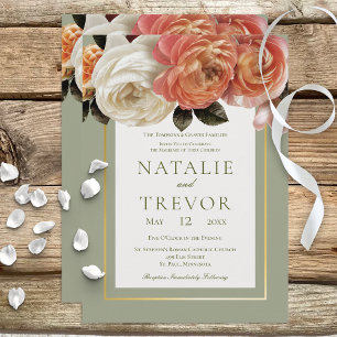 Peach Mimosa Blooms Floral Sage Wedding Invitation