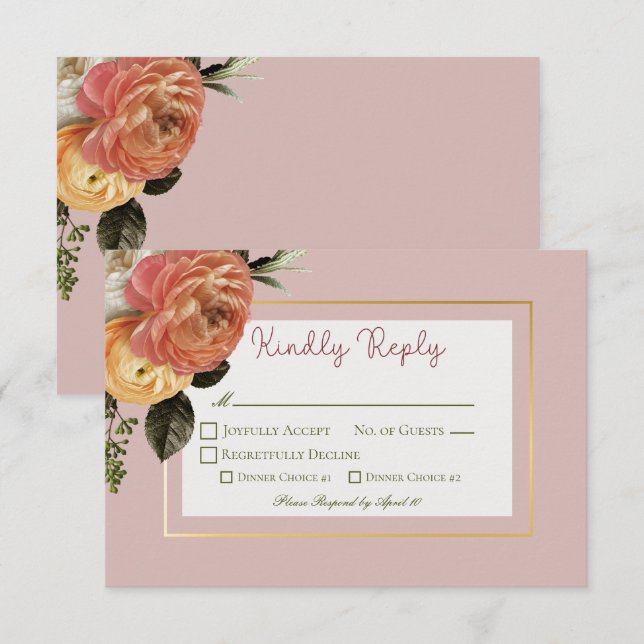 Peach Mimosa Blooms Floral Wedding RSVP Card (Front/Back)