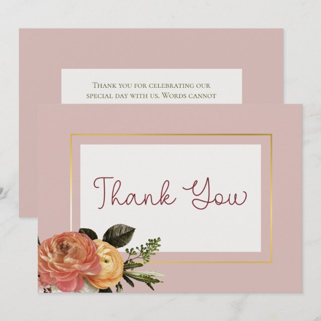 Peach Mimosa Blooms Floral Wedding Thank You Card (Front/Back)