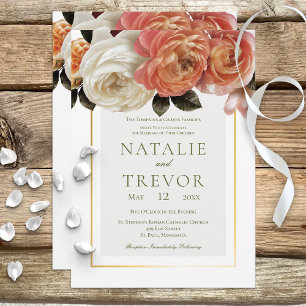 Peach Mimosa Blooms Floral White Wedding Invitation